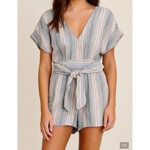 American Eagle Pants - American‎ Eagle Striped Linen Blend Romper Blue White Tie Waist V-Neck Small